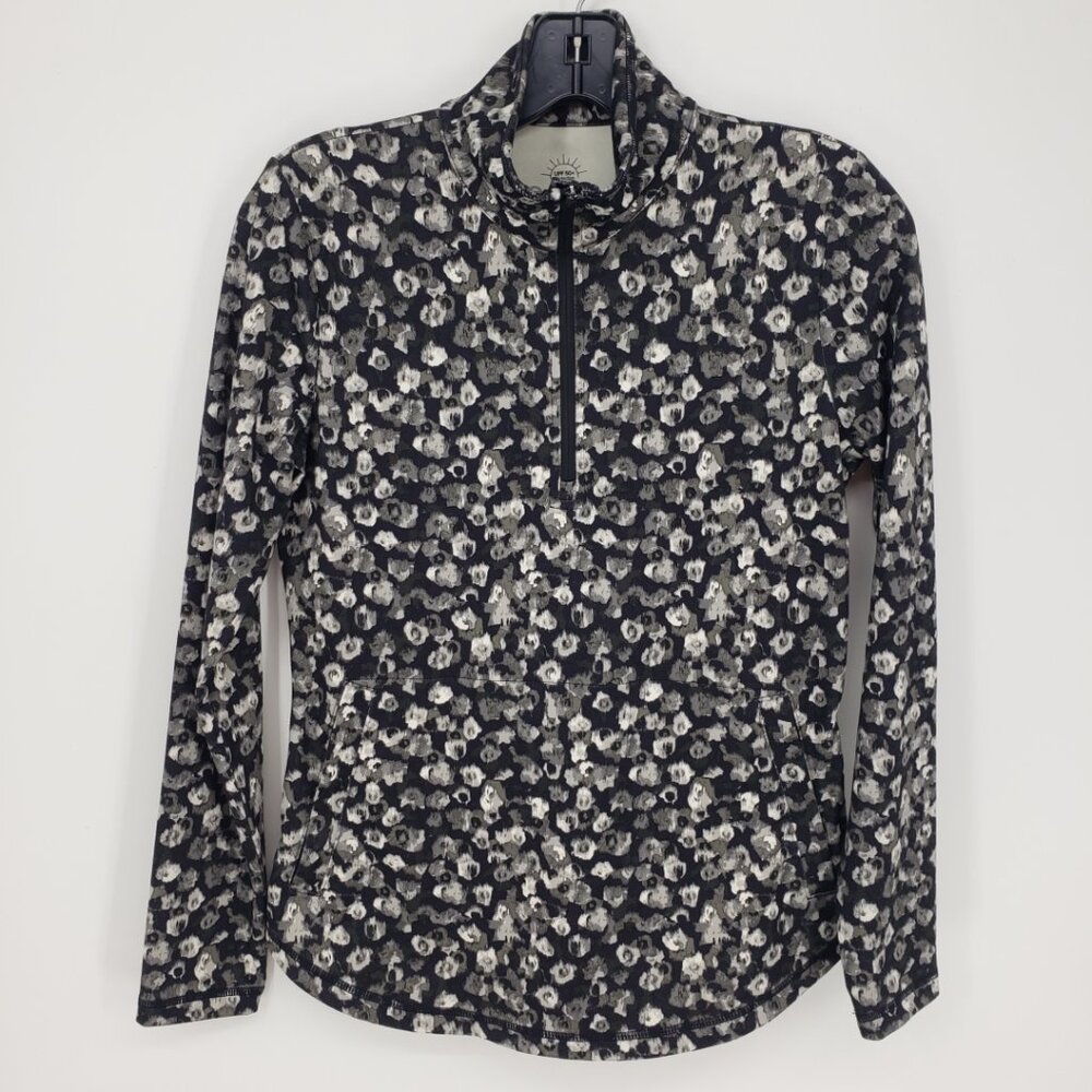T by Talbots Abstract Print Quarter Zip Long Sleeve Active Top XS  Black Gray
